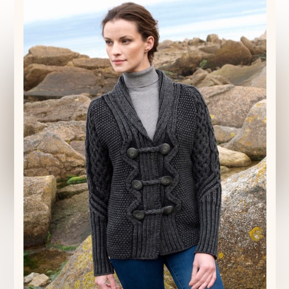 Aran Shawl Neck Two-Tone Merino Cardigan‎‎‎‎‎‎‎‎ Size Small - Picture 1 of 9